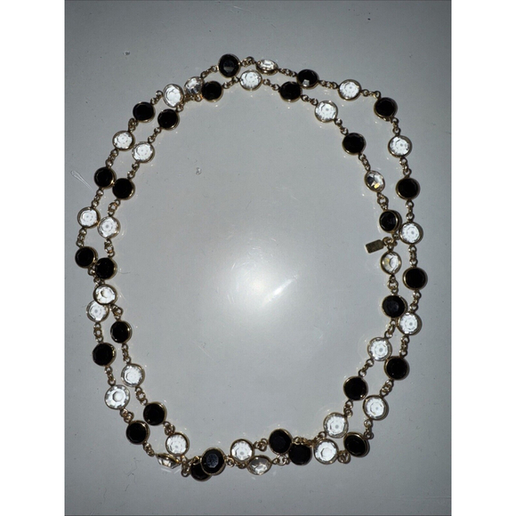 Swarovski Vintage Crystal Necklace Open Bezel Black Clear Gold Swan Signed 36” - Picture 1 of 4